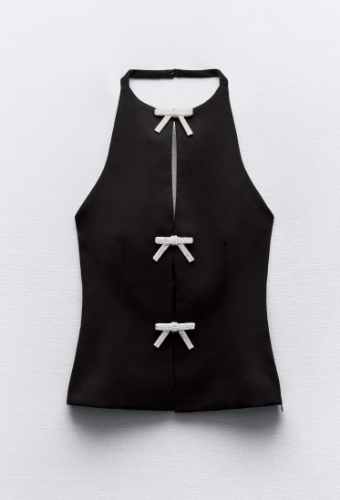 Camisa al cuello detalle chongo brillantes negra talla S